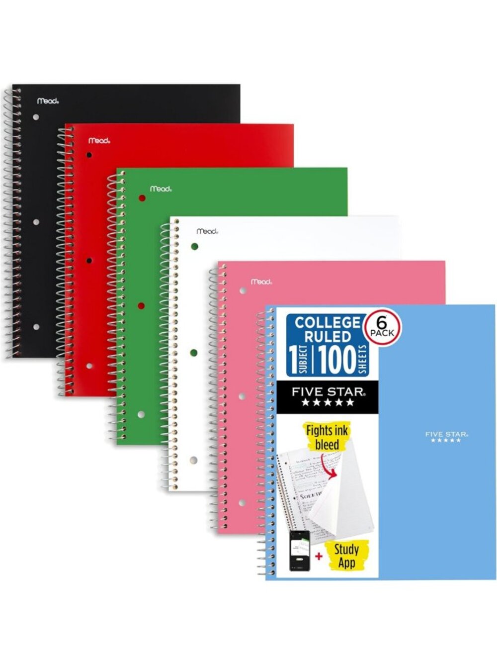 Spiral Notebook Set + Study App, 1 Subject, College Ruled, 100 Sheets, Assorted